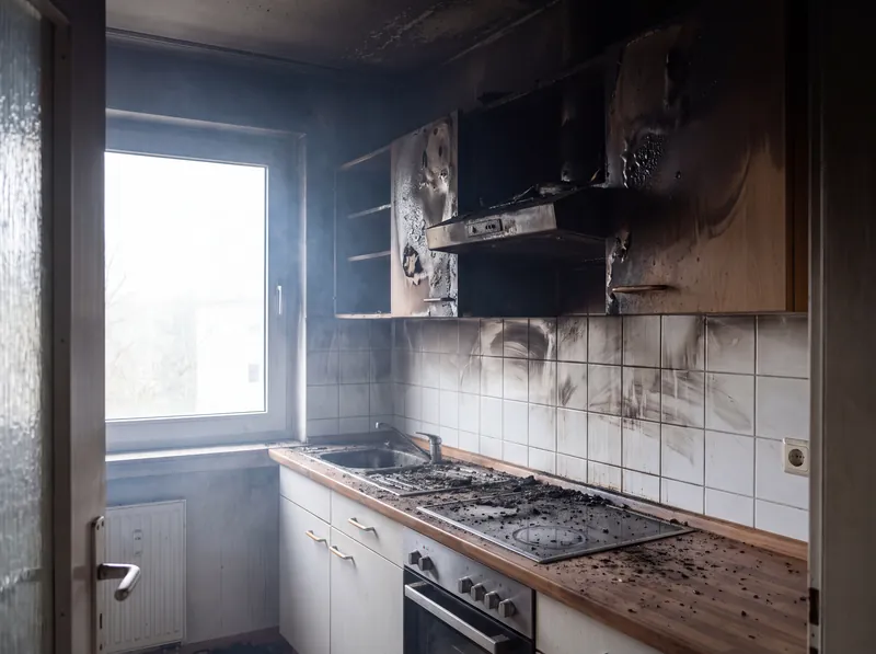 Verrußte Küche nach einem Küchenbrand