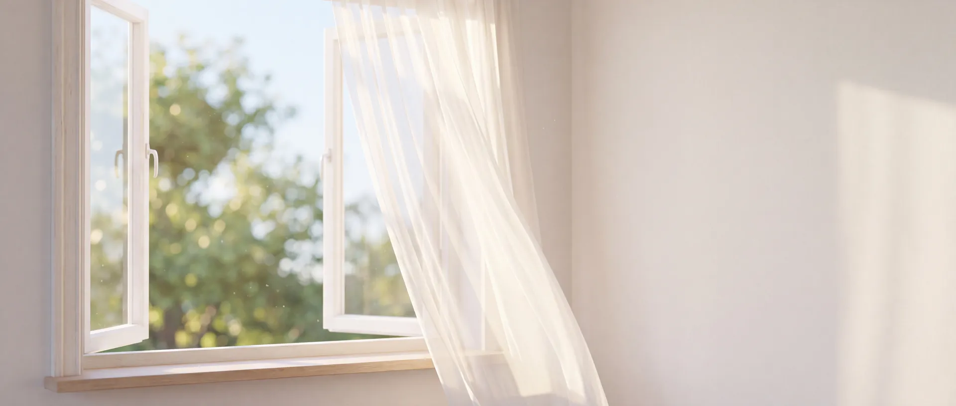 Offenes Fenster mit wehendem Vorhang