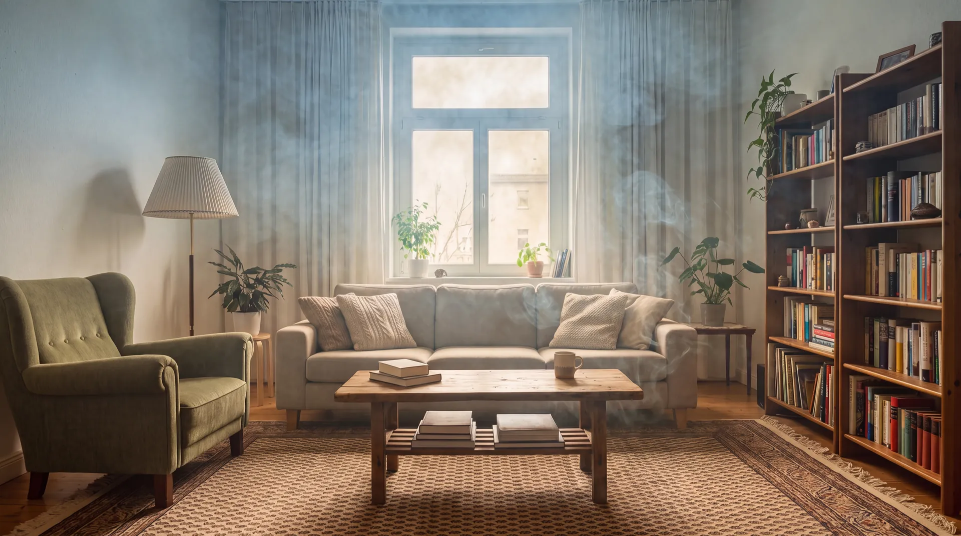 Dasselbe Wohnzimmer voller Rauchschwaden